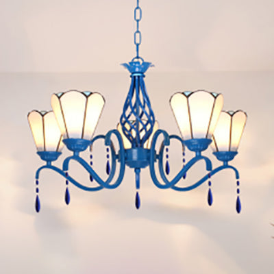 Vintage Cone Pendant Stained Glass Ceiling Light With Crystal - 5 Lights For Industrial Bedroom