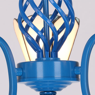 Vintage Cone Pendant Stained Glass Ceiling Light With Crystal - 5 Lights For Industrial Bedroom