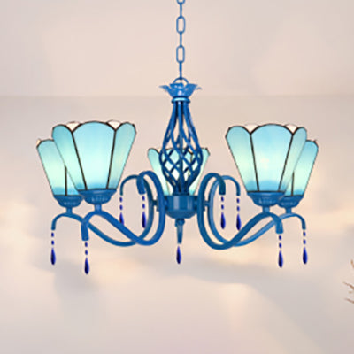 Vintage Stained Glass Cone Pendant Light with Crystal, Ideal for Industrial Bedroom Ceiling - 5 Lights