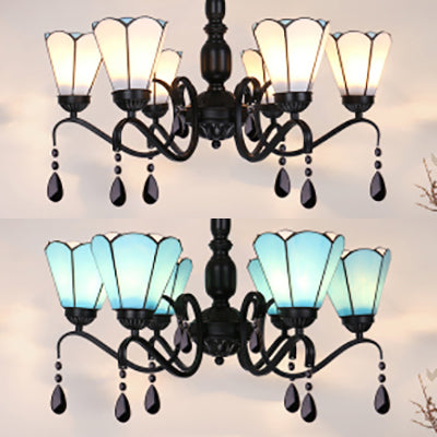 Suspension conique en vitrail vintage - Plafonnier à 6 lumières avec cristal pour éclairage de chambre