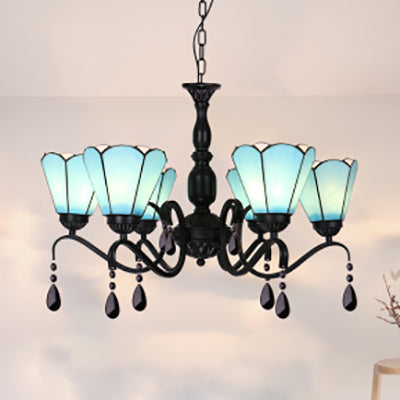 Suspension conique en vitrail vintage - Plafonnier à 6 lumières avec cristal pour éclairage de chambre