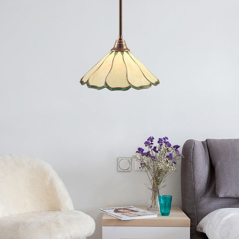 Lampe à suspension en verre artistique rouge/vert de style Tiffany fabriquée à la main - Motif fleur de tête