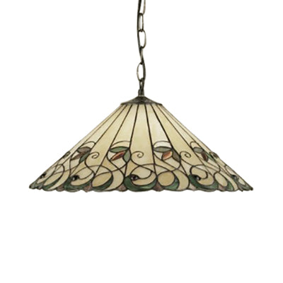 Baroque Conical Pendant Light - 1 Head Pink/Green Stained Art Glass Suspended Down Lighting