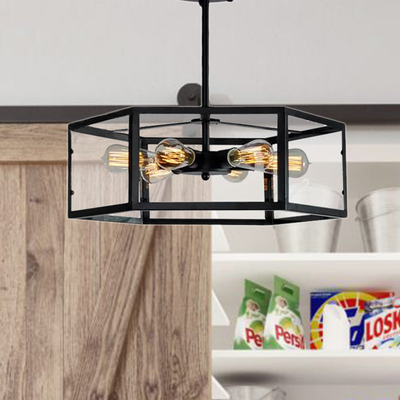 Vintage Geometric Clear Glass Ceiling Light with 6 Bulbs - Black Semi Flush Mount for Kitchen