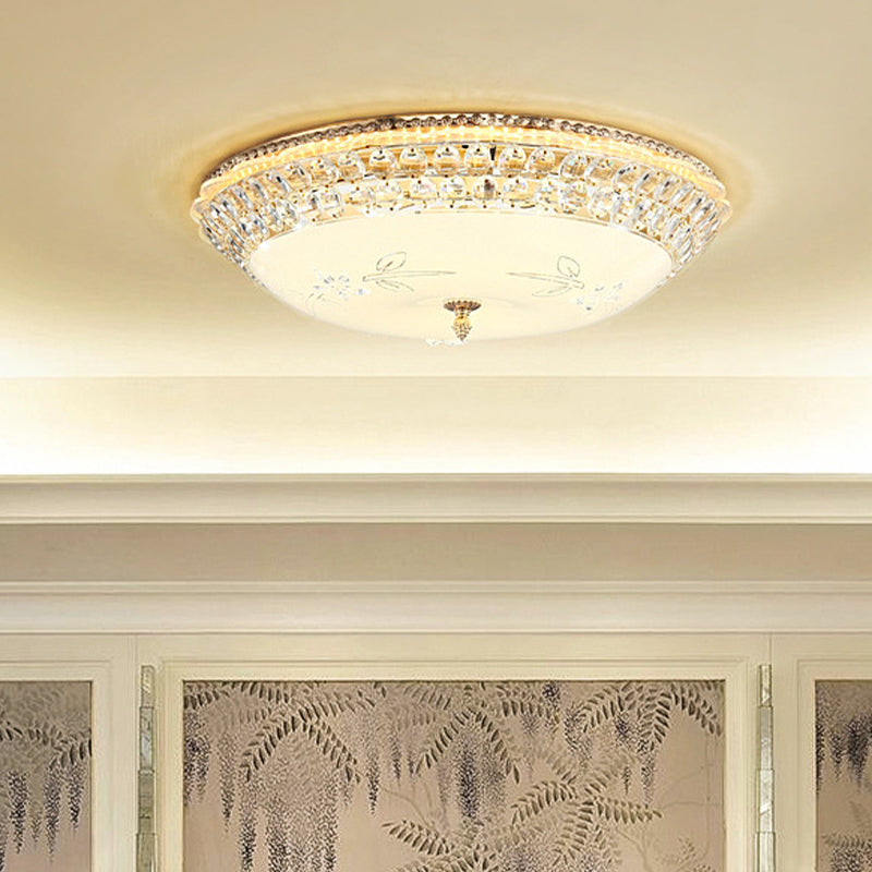 Modern LED Gold Flush Mount Ceiling Light with Crystal Accents, Dome White Glass, 12"/16"/19.5" W