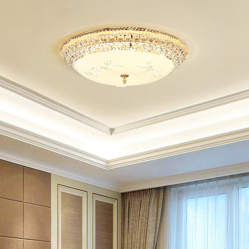 Modern LED Gold Flush Mount Ceiling Light with Crystal Accents, Dome White Glass, 12"/16"/19.5" W