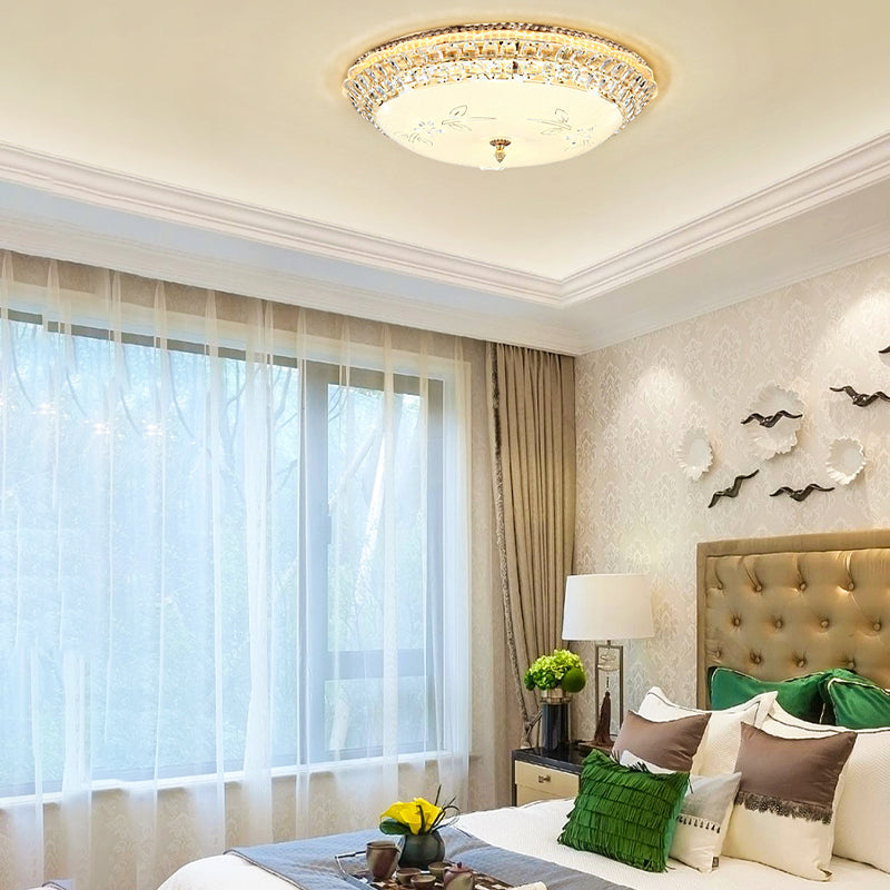 Modern LED Gold Flush Mount Ceiling Light with Crystal Accents, Dome White Glass, 12"/16"/19.5" W
