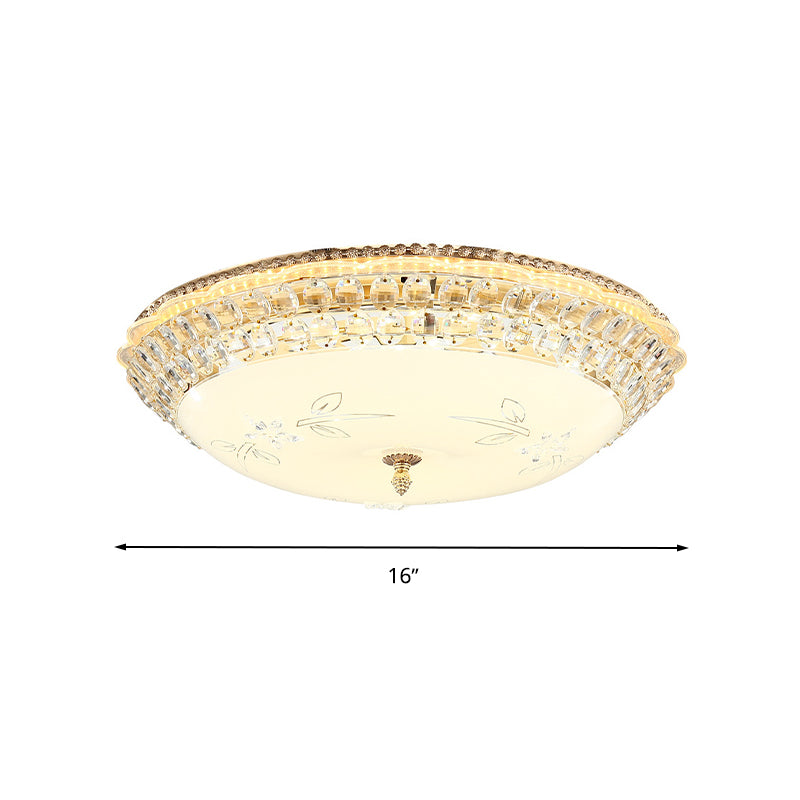 Modern LED Gold Flush Mount Ceiling Light with Crystal Accents, Dome White Glass, 12"/16"/19.5" W