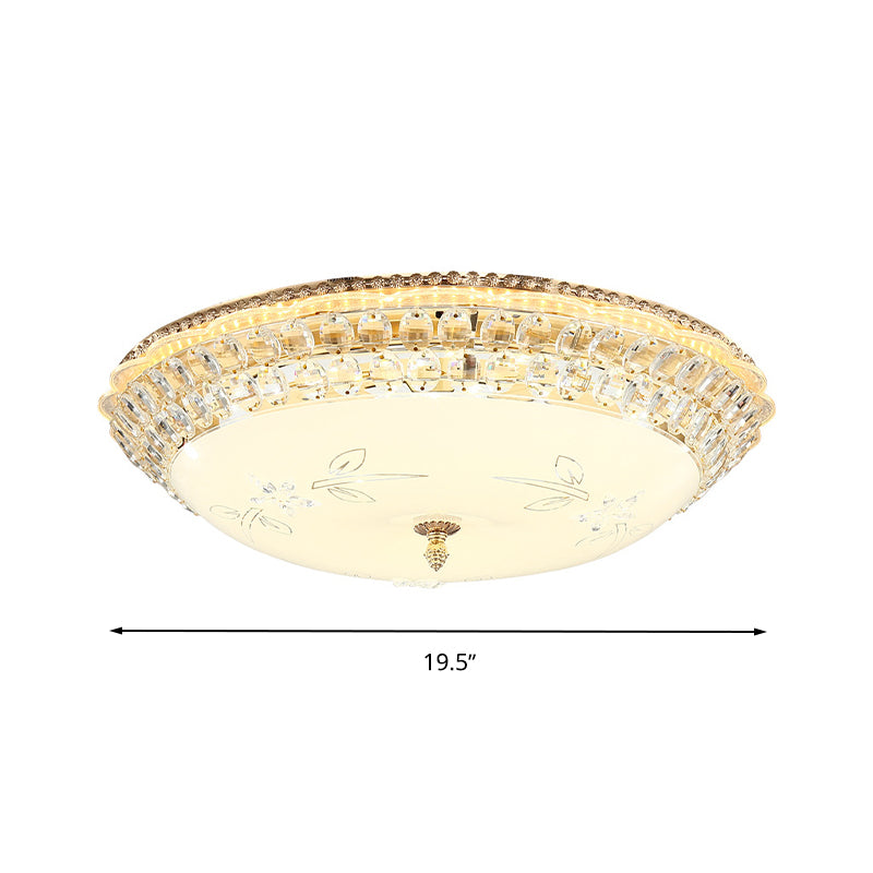 Modern LED Gold Flush Mount Ceiling Light with Crystal Accents, Dome White Glass, 12"/16"/19.5" W