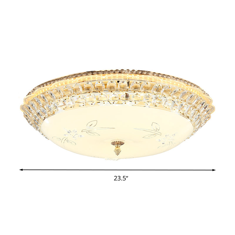 Modern LED Gold Flush Mount Ceiling Light with Crystal Accents, Dome White Glass, 12"/16"/19.5" W