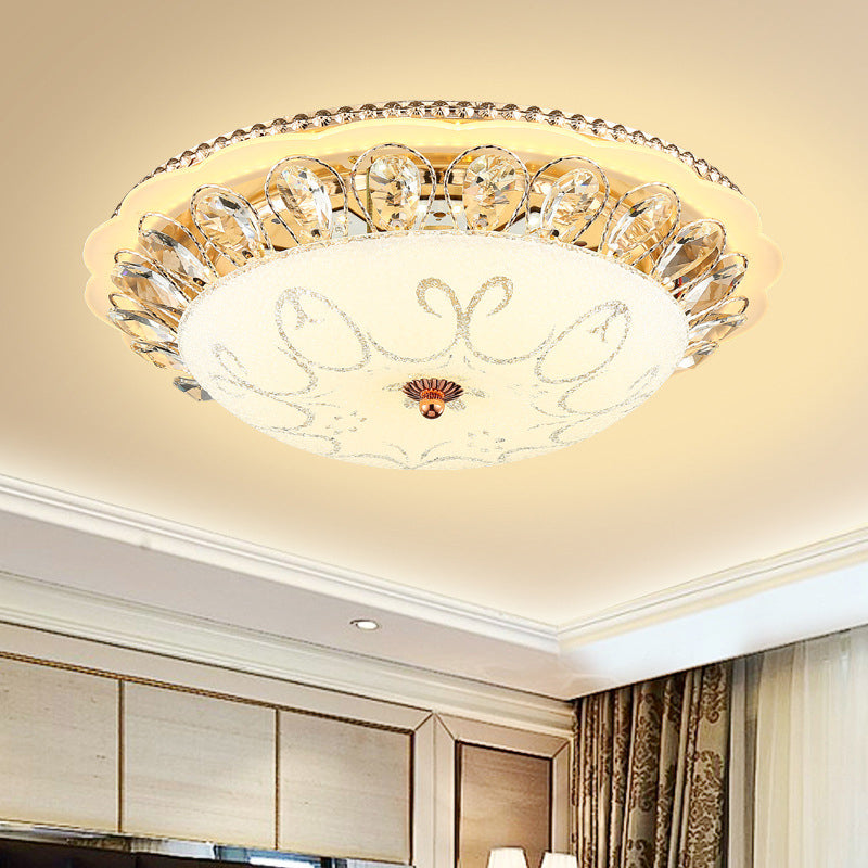 Modern White Glass Bowl Ceiling Lamp with LED Lighting and K9 Crystal Accent - 12"/16"/19.5" Wide