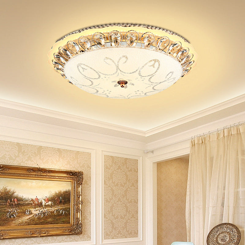 Modern White Glass Bowl Ceiling Lamp with LED Lighting and K9 Crystal Accent - 12"/16"/19.5" Wide