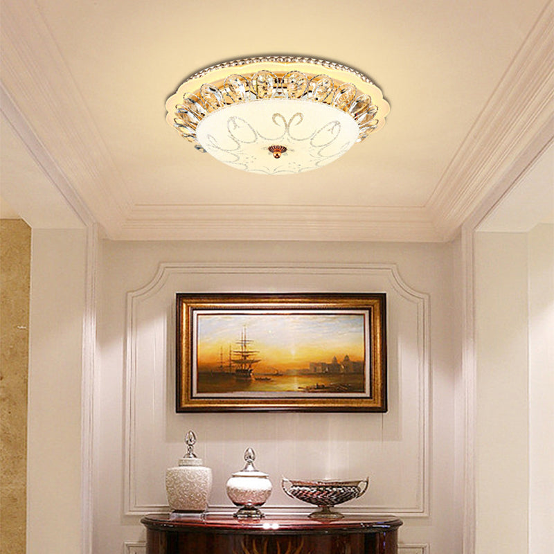 Modern White Glass Bowl Ceiling Lamp with LED Lighting and K9 Crystal Accent - 12"/16"/19.5" Wide