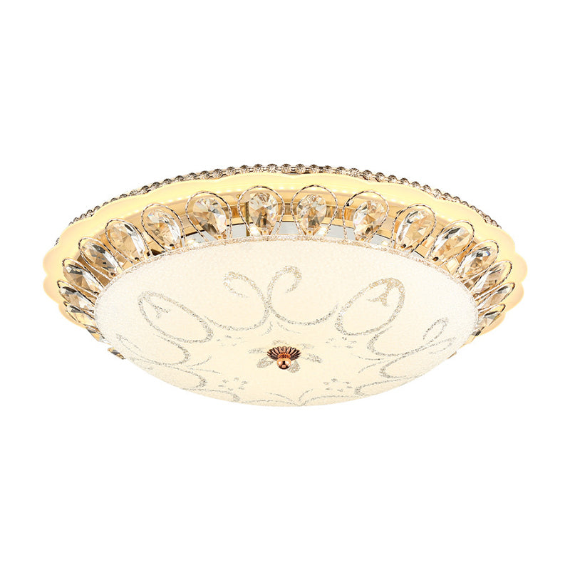 Modern White Glass Bowl Ceiling Lamp with LED Lighting and K9 Crystal Accent - 12"/16"/19.5" Wide