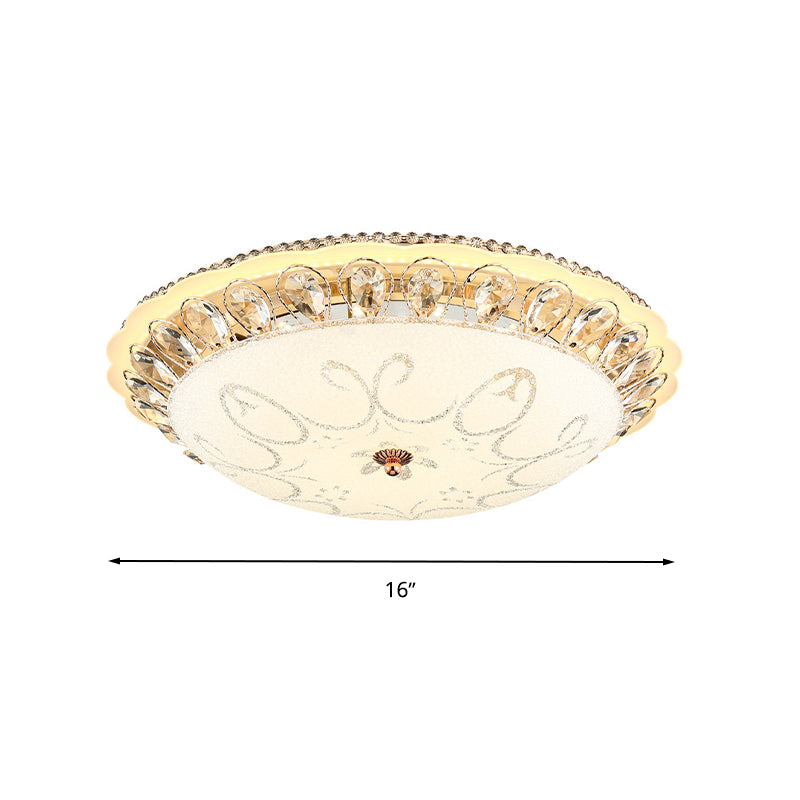 Modern White Glass Bowl Ceiling Lamp with LED Lighting and K9 Crystal Accent - 12"/16"/19.5" Wide