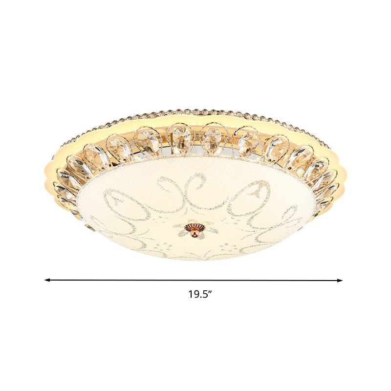 Modern White Glass Bowl Ceiling Lamp with LED Lighting and K9 Crystal Accent - 12"/16"/19.5" Wide