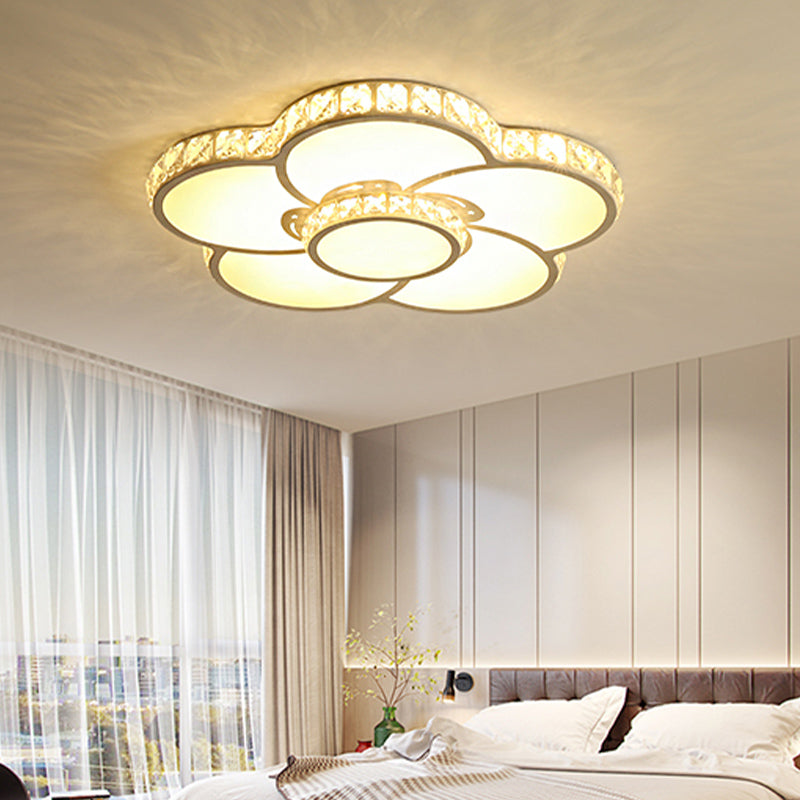 Bloom Flush Mount LED Ceiling Light Fixture with Inlaid Crystal - White Acrylic, Warm/White Light - 19.5"/23.5"/31.5" Width