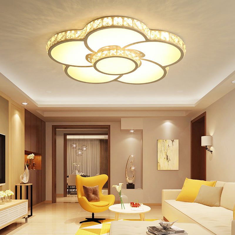 Bloom Flush Mount LED Ceiling Light Fixture with Inlaid Crystal - White Acrylic, Warm/White Light - 19.5"/23.5"/31.5" Width