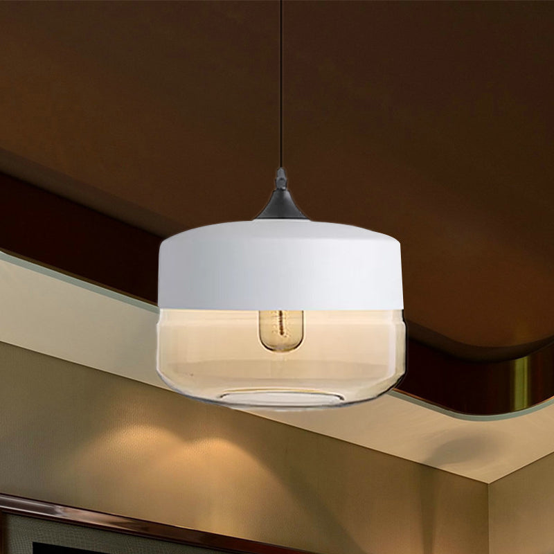 Modern 1-Light Drum/Cylinder/Jar Suspension Pendant – Clear/Yellow Glass – White/Black Fixture