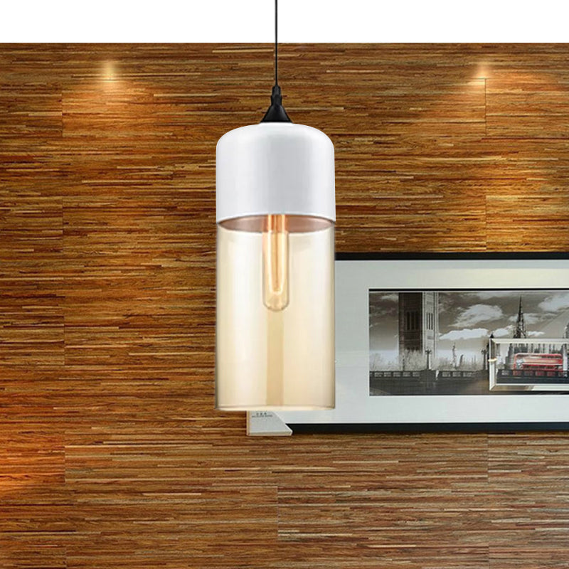 Modern 1-Light Drum/Cylinder/Jar Suspension Pendant – Clear/Yellow Glass – White/Black Fixture