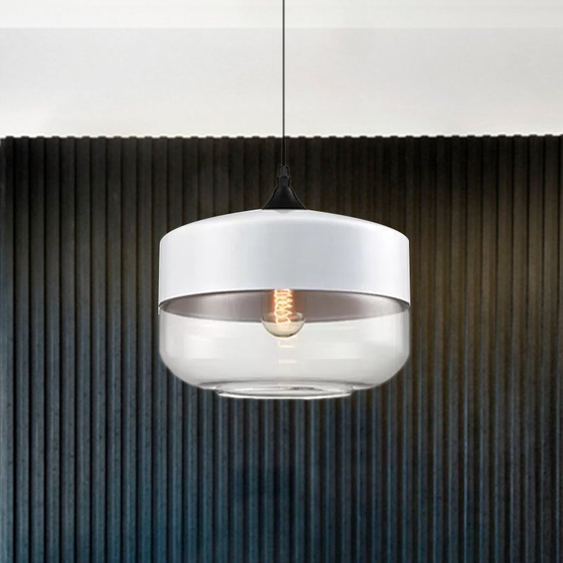 Modern 1-Light Drum/Cylinder/Jar Suspension Pendant – Clear/Yellow Glass – White/Black Fixture