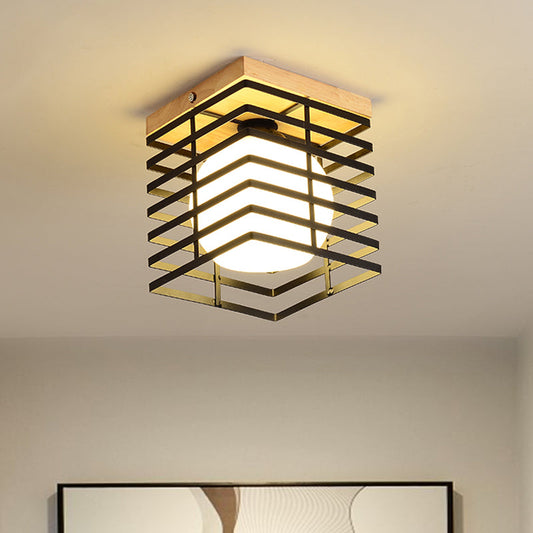 1-Light Black/White Metal Square Flush Mount Pendant Fixture for Corridor Ceiling