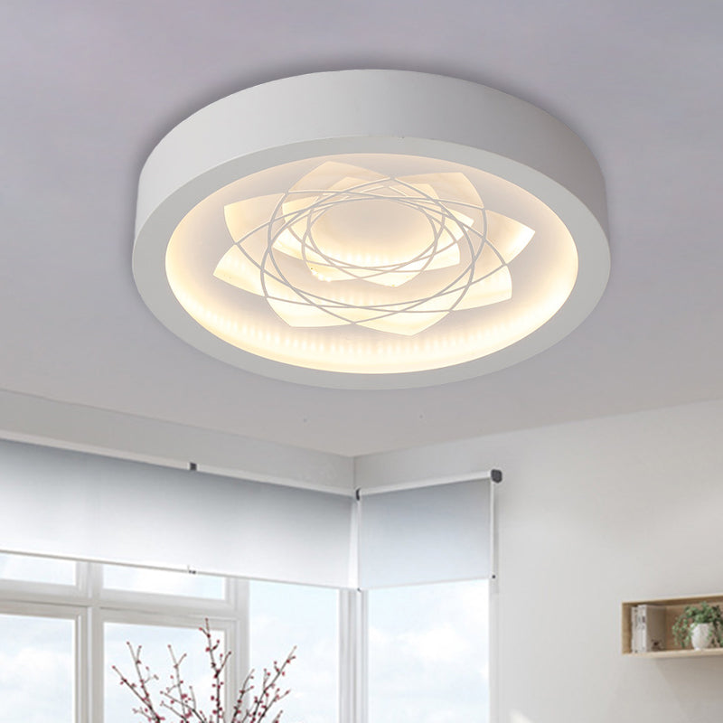 Contemporary LED White Drum Flush Mount Ceiling Fixture with Warm/White Light and Petal Pattern