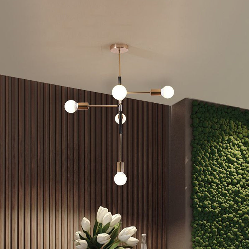 Modern 5-Light Rectilinear Metal Chandelier: White/Black Bare Bulb Hanging Ceiling Light for Dining Room
