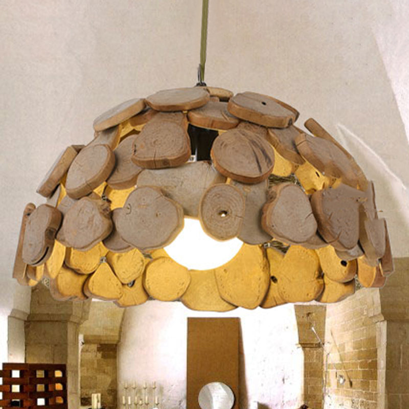 Vintage Wooden Dome Shade Pendant Light with Adjustable Chain, Natural Wood Finish