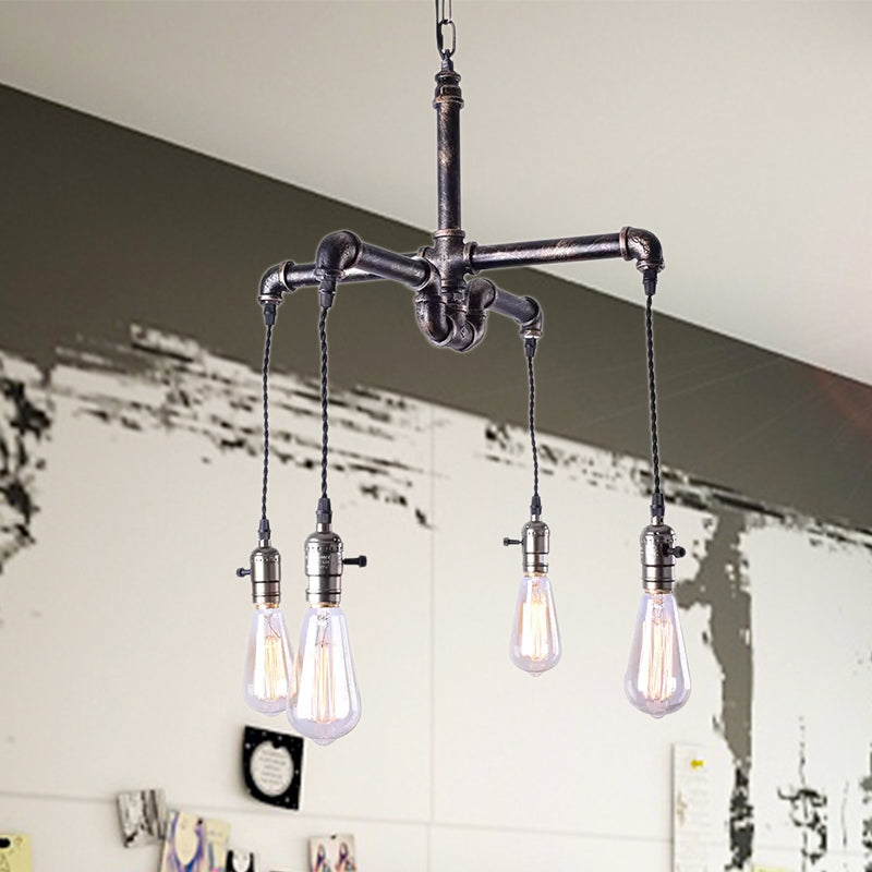 Plafonnier rustique en forme de tuyau d'eau avec 4 ampoules - Lustre en fer forgé bronze antique/noir