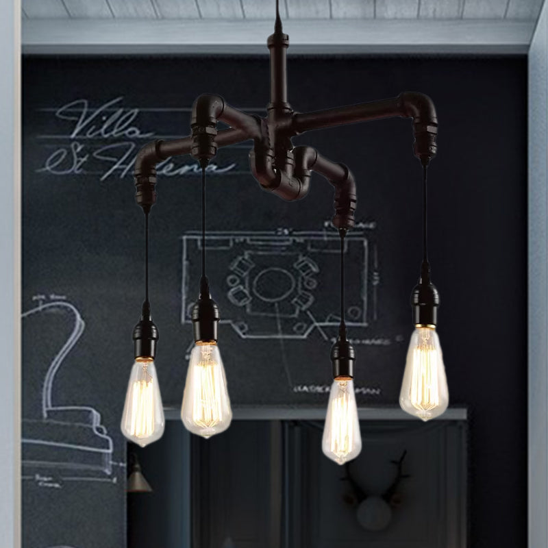 Plafonnier rustique en forme de tuyau d'eau avec 4 ampoules - Lustre en fer forgé bronze antique/noir