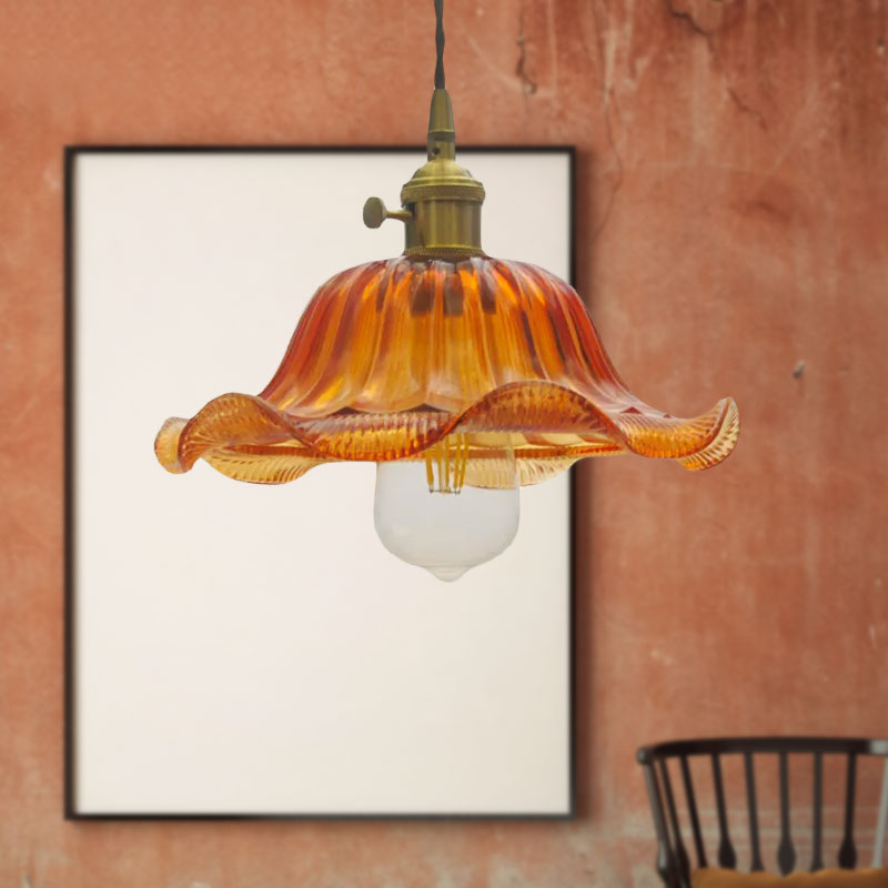 Vintage Scalloped Pendant Lighting - 1 Light Ribbed Glass Hanging Lamp In Yellow 8/10/12 Wide For