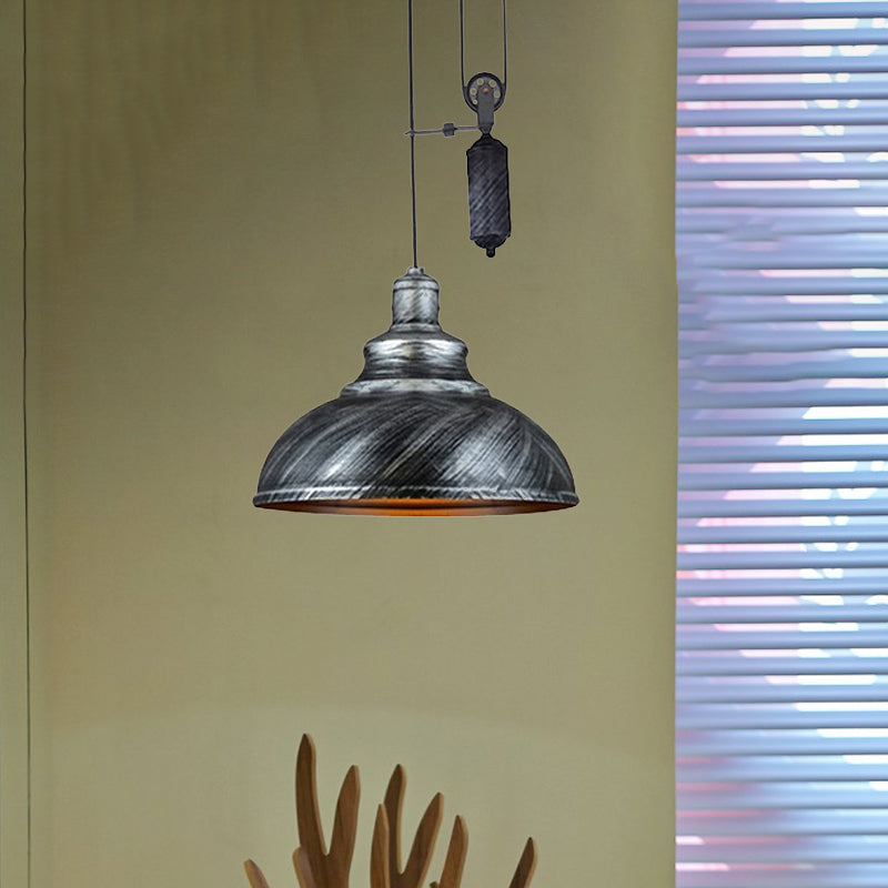 Rustic Industrial Dome Pendant Lamp with Pulley - 1 Light Metal Fixture in Brown/Grey for Living Room Lighting