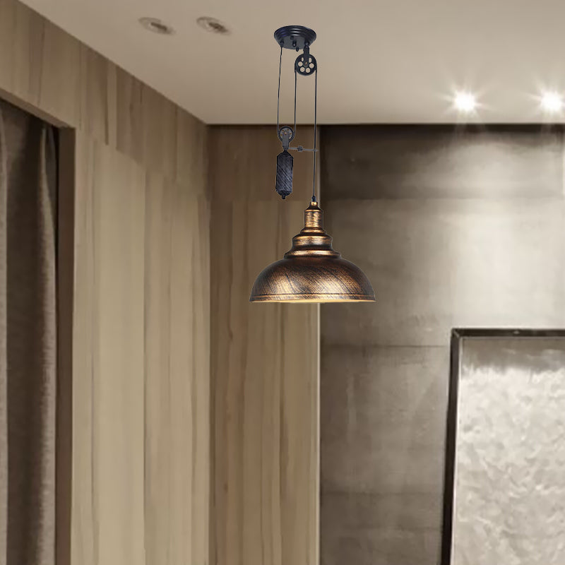 Rustic Industrial Dome Pendant Lamp with Pulley - 1 Light Metal Fixture in Brown/Grey for Living Room Lighting