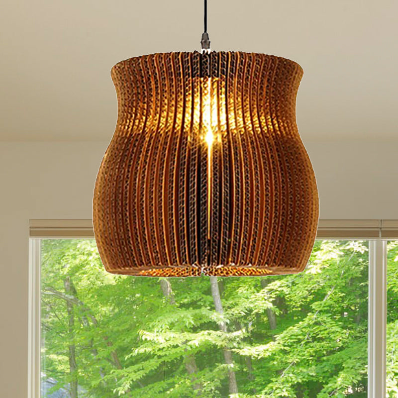 Stylish Asian Restaurant Pendant Light: 1-Light Hanging Lamp with Corrugated Paper Shade in Brown