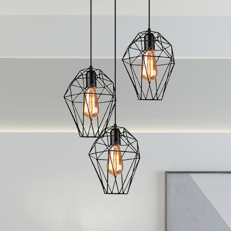 Lampe à suspension géométrique vintage - Noir métallisé, lampe suspendue avec 3 ampoules, abat-jour cage, auvent rond/linéaire