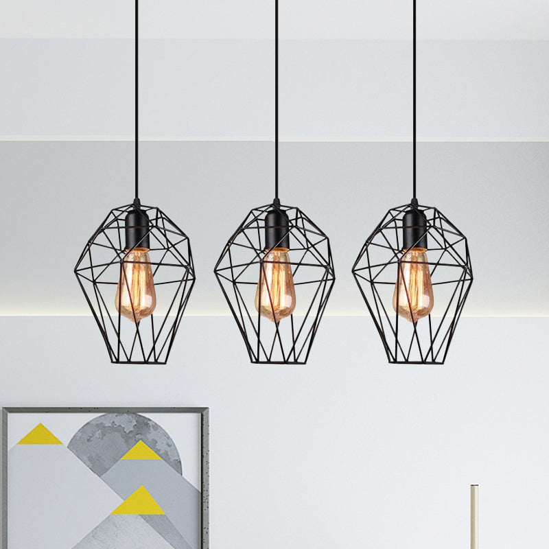 Lampe à suspension géométrique vintage - Noir métallisé, lampe suspendue avec 3 ampoules, abat-jour cage, auvent rond/linéaire
