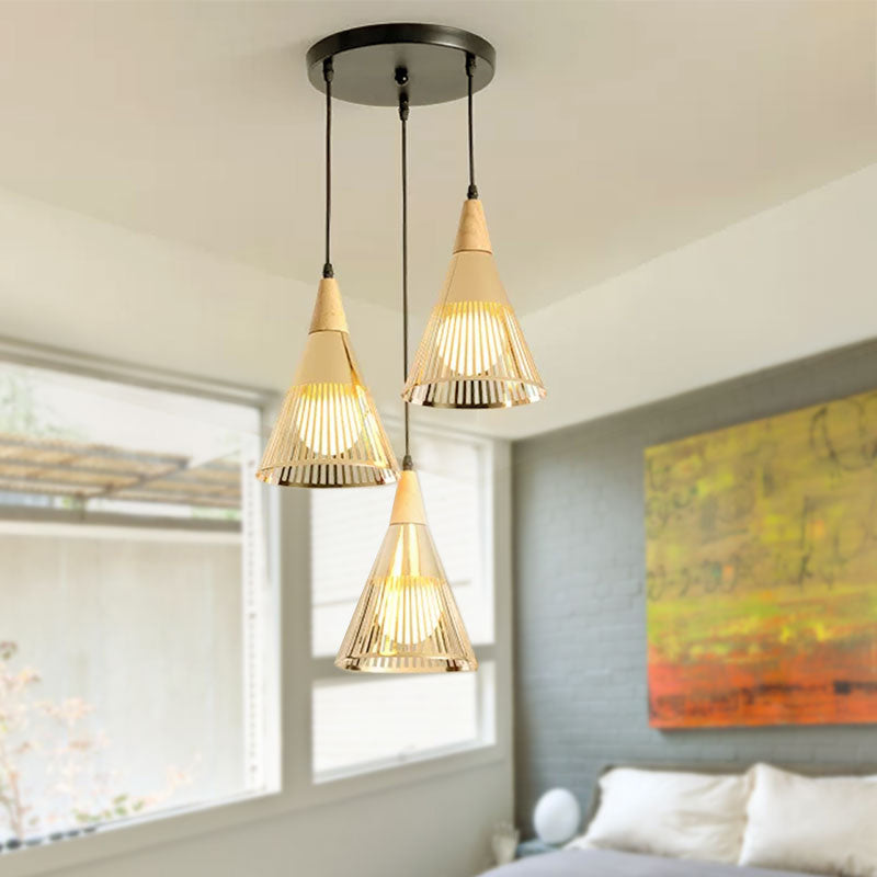 Plafonnier Nordic Cone - Suspension à 3 têtes en métal et bois avec cadre en fil de fer, auvent linéaire/rond - Noir/blanc