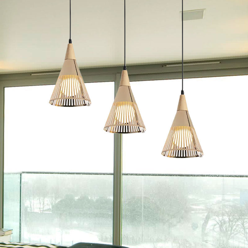 Plafonnier Nordic Cone - Suspension à 3 têtes en métal et bois avec cadre en fil de fer, auvent linéaire/rond - Noir/blanc