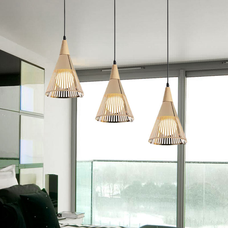 Plafonnier Nordic Cone - Suspension à 3 têtes en métal et bois avec cadre en fil de fer, auvent linéaire/rond - Noir/blanc
