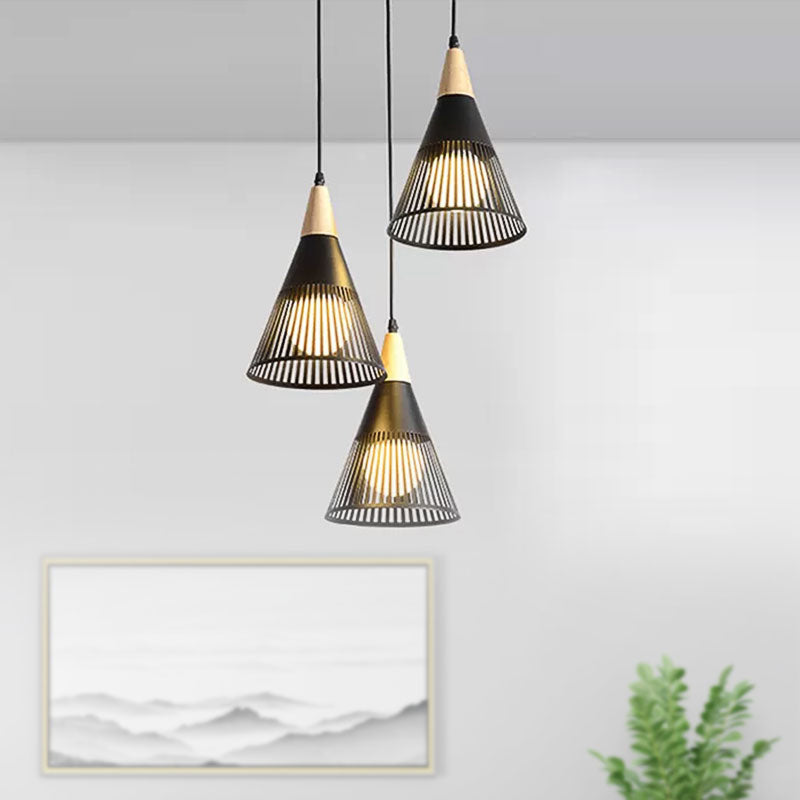Plafonnier Nordic Cone - Suspension à 3 têtes en métal et bois avec cadre en fil de fer, auvent linéaire/rond - Noir/blanc