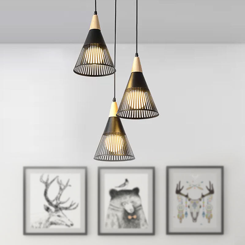 Plafonnier Nordic Cone - Suspension à 3 têtes en métal et bois avec cadre en fil de fer, auvent linéaire/rond - Noir/blanc