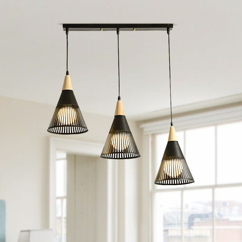 Plafonnier Nordic Cone - Suspension à 3 têtes en métal et bois avec cadre en fil de fer, auvent linéaire/rond - Noir/blanc