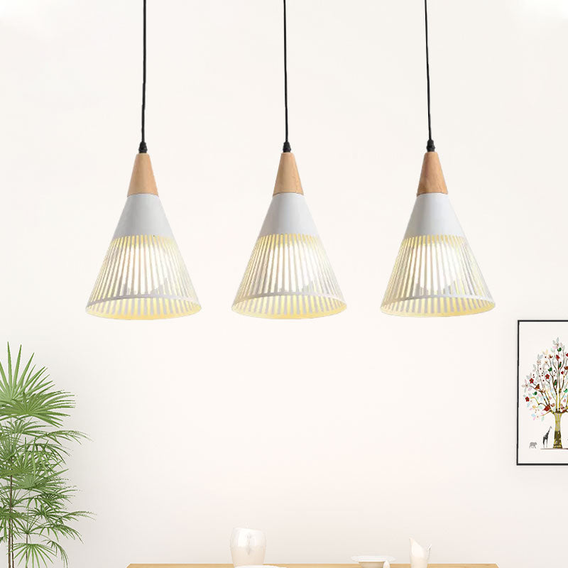 Plafonnier Nordic Cone - Suspension à 3 têtes en métal et bois avec cadre en fil de fer, auvent linéaire/rond - Noir/blanc