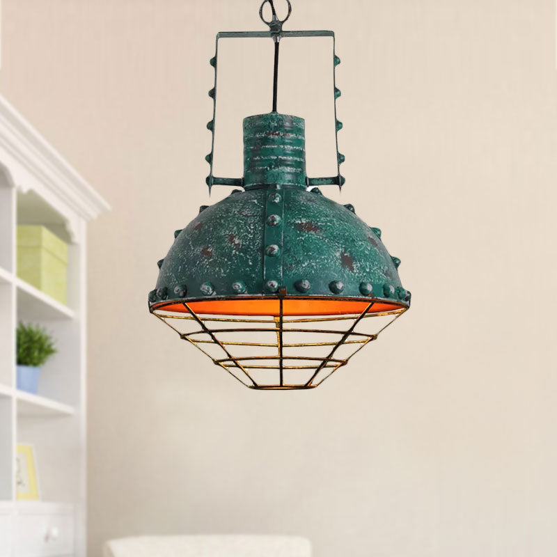 Metal Pendant Lamp With Domed Ceiling Hanging Design Wrought Iron Wire Guard Rivets - Black/Green