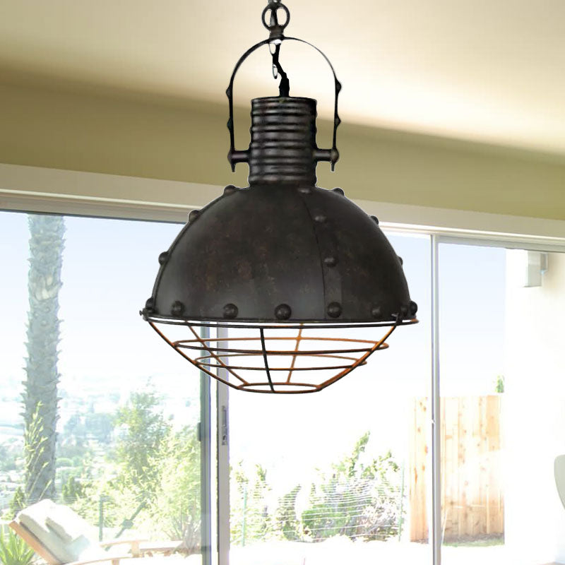 Metal Ceiling Hanging Light: Rustic Wrought Iron Pendant Lamp with Wire Guard and Rivets in Black/Green