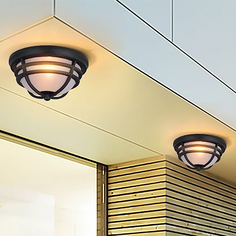 Black Metal Flush Mount Light With Frosted Glass Shade - Industrial Style For Balcony