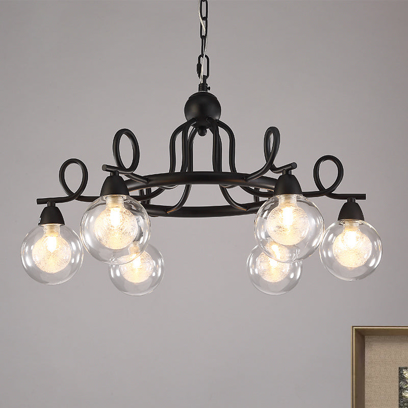 Rustic Mini Ball Clear Glass Pendant Light Fixture - 6/8-Light Hanging Chandelier in Black