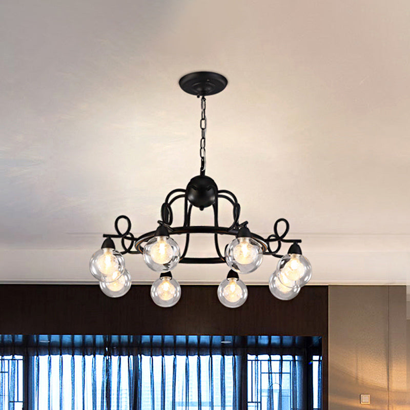 Rustic Mini Ball Clear Glass Pendant Light Fixture - 6/8-Light Hanging Chandelier in Black