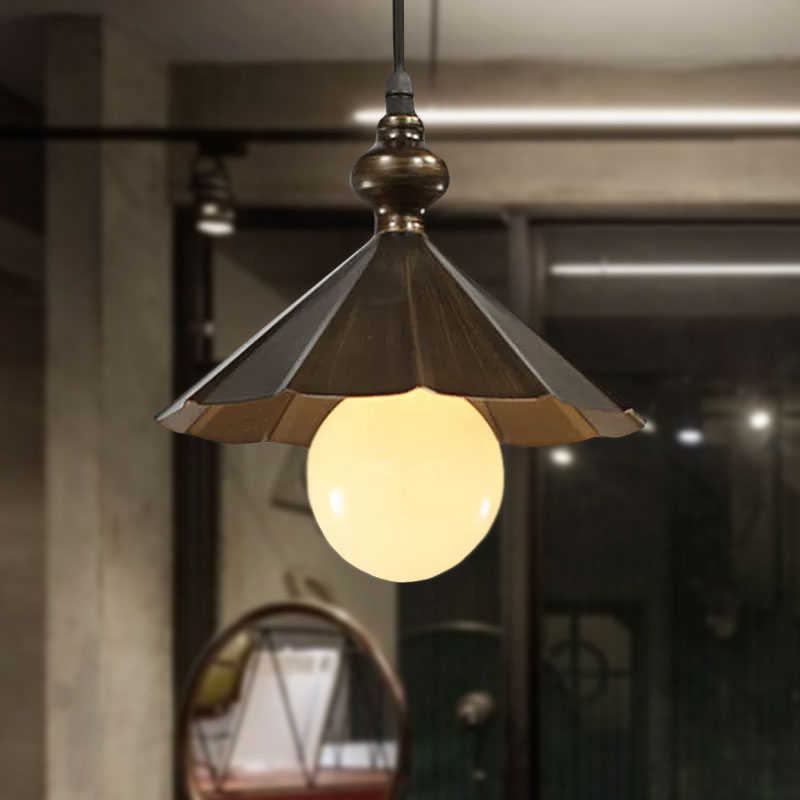 1-Head Industrial Rust Brown Scalloped Shade Pendant Light For Restaurants Metallic Ceiling Hanging
